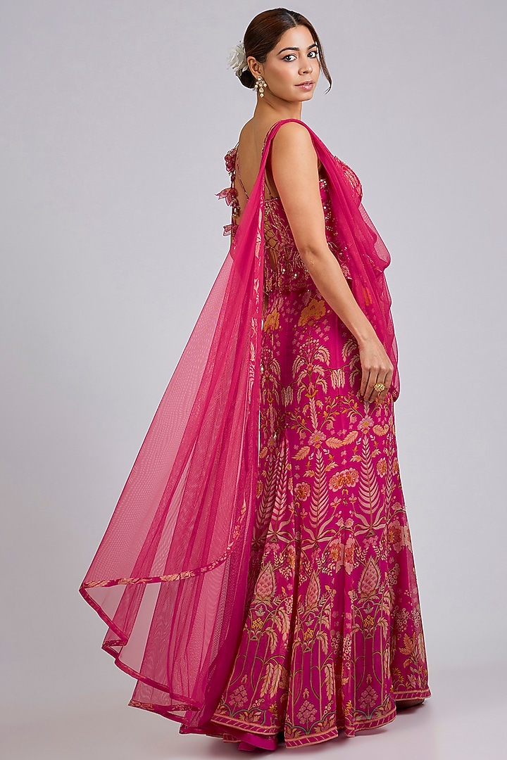 Fuchsia Chiffon Printed Skirt Reception Saree Set by Ridhi Mehra at Pernia's Pop Up Shop