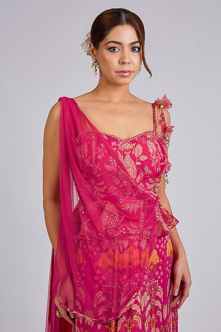 Fuchsia Chiffon Printed Skirt Reception Saree Set by Ridhi Mehra at Pernia's Pop Up Shop