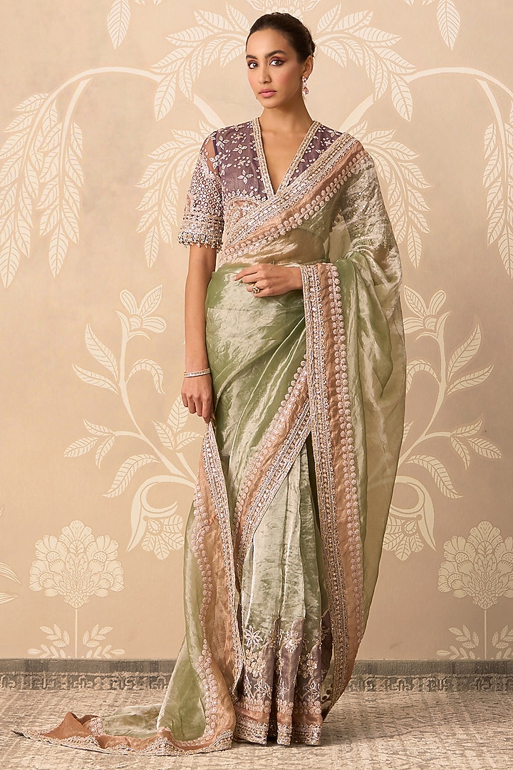 Multi-Colored Tissue Embroidered Bridal Saree Set by Ridhi Mehra at Pernia's Pop Up Shop