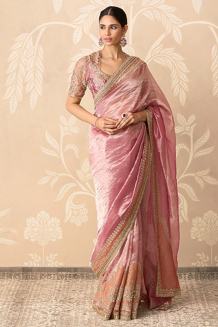 Fuchsia Gold Tissue Embroidered Bridal Saree Set by Ridhi Mehra at Pernia's Pop Up Shop