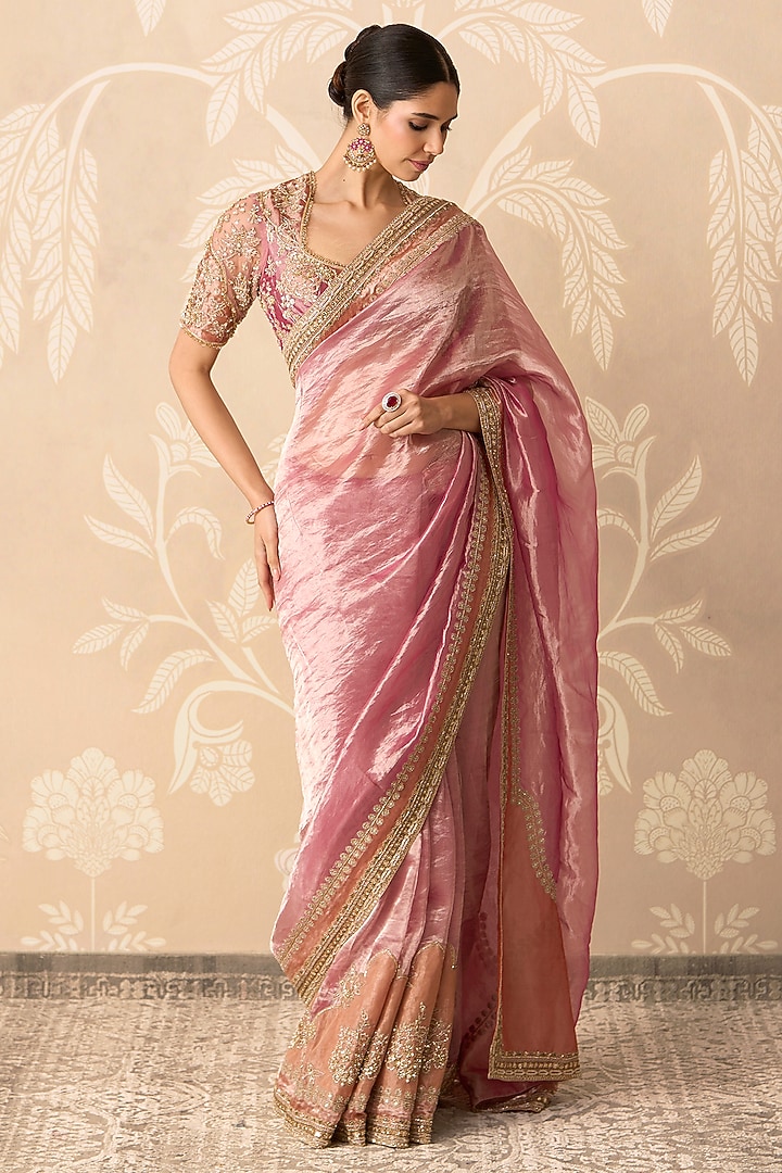 Fuchsia Gold Tissue Embroidered Bridal Saree Set by Ridhi Mehra at Pernia's Pop Up Shop