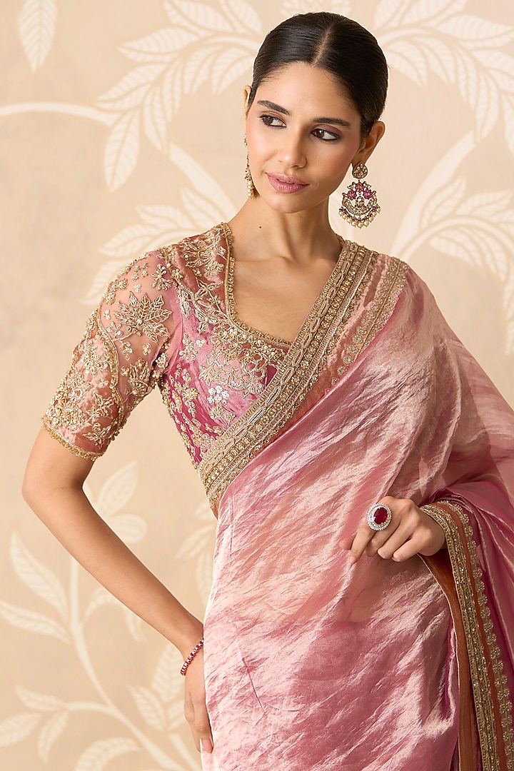 Fuchsia Gold Tissue Embroidered Bridal Saree Set by Ridhi Mehra at Pernia's Pop Up Shop