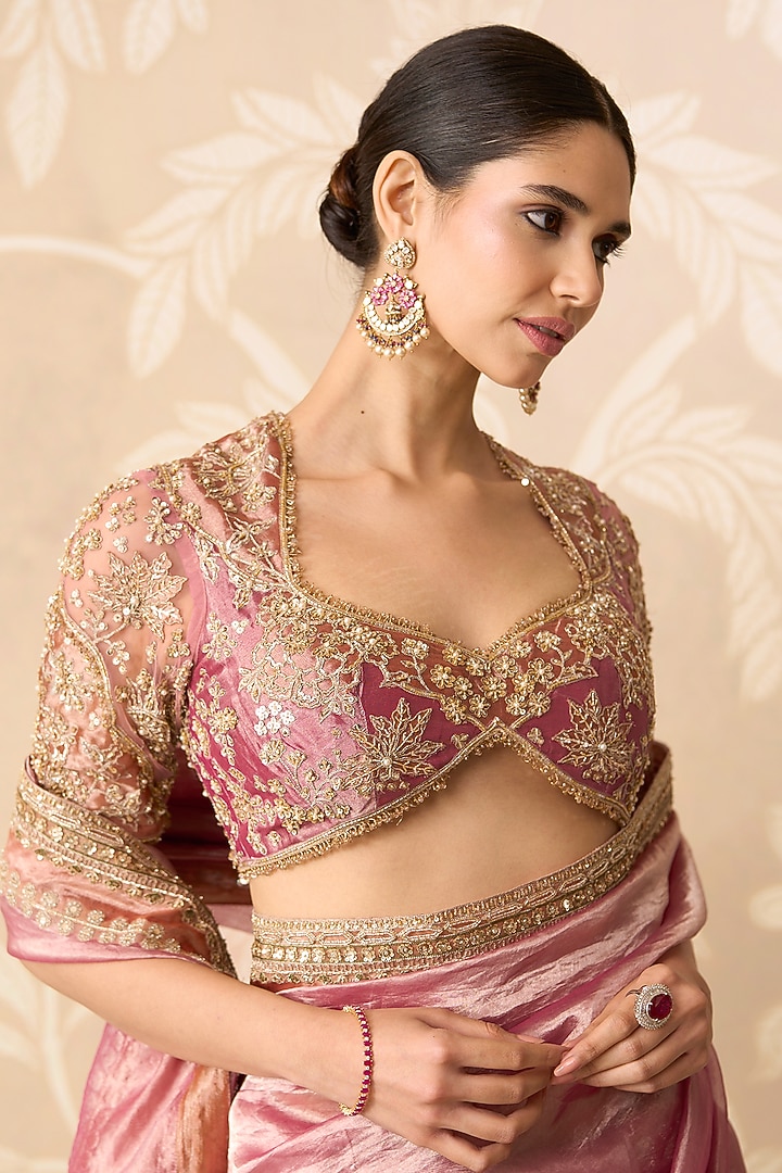 Fuchsia Gold Tissue Embroidered Bridal Saree Set by Ridhi Mehra at Pernia's Pop Up Shop