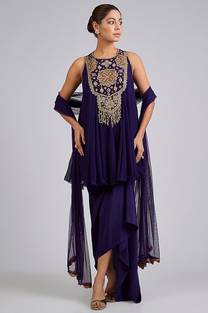 Purple Silk Draped Skirt Set by Ridhi Mehra at Pernia's Pop Up Shop