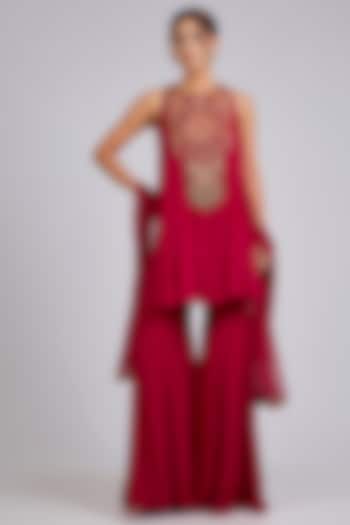 Red Chiffon Wedding Sharara Set by Ridhi Mehra at Pernia's Pop Up Shop