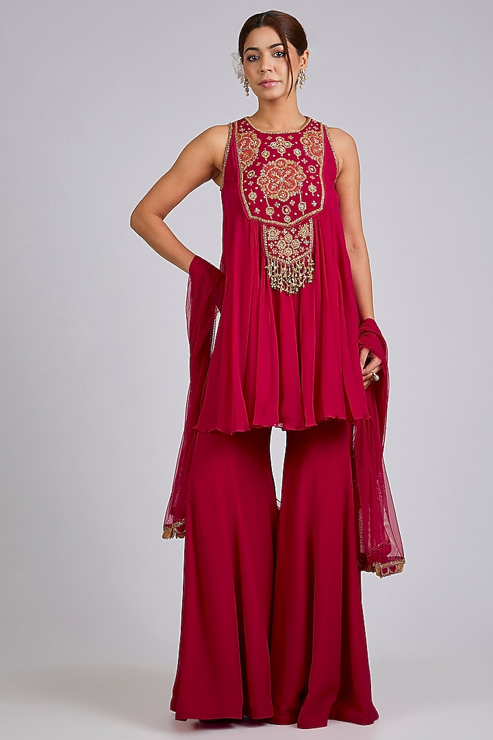 Red Chiffon Wedding Sharara Set by Ridhi Mehra at Pernia's Pop Up Shop