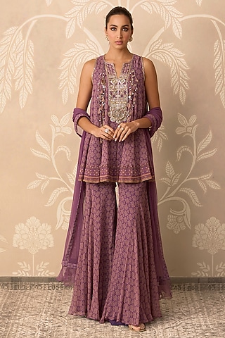 Lilac Chiffon Printed Gharara Set by Ridhi Mehra