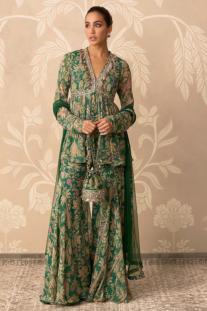 Green Chiffon Printed Gharara Set by Ridhi Mehra at Pernia's Pop Up Shop