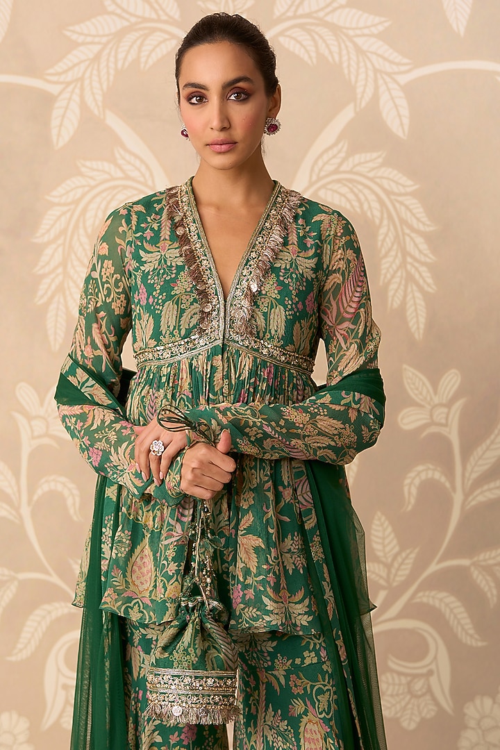 Green Chiffon Printed Gharara Set by Ridhi Mehra at Pernia's Pop Up Shop
