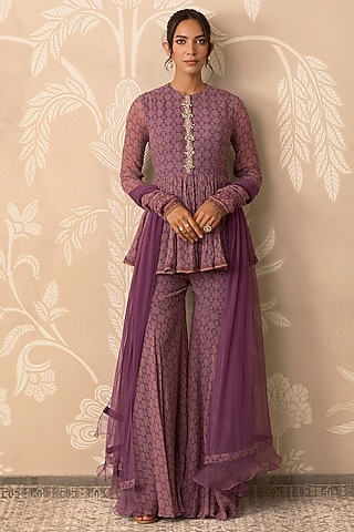 Lilac Chiffon Printed Gharara Set by Ridhi Mehra