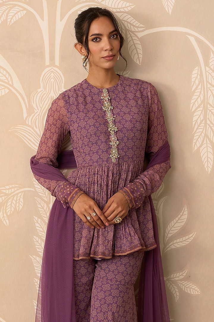 Lilac Chiffon Printed Gharara Set by Ridhi Mehra at Pernia's Pop Up Shop