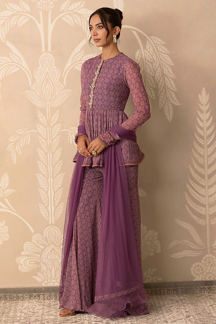 Lilac Chiffon Printed Gharara Set by Ridhi Mehra at Pernia's Pop Up Shop