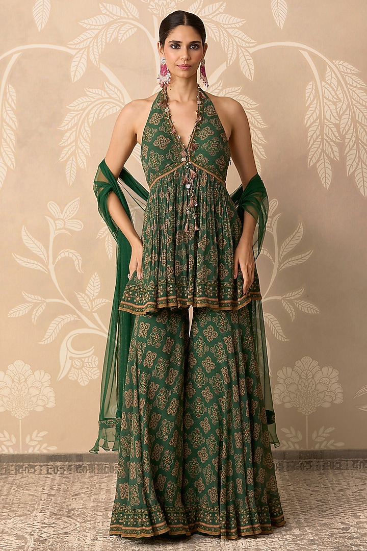 Green Chiffon Printed Gharara Set by Ridhi Mehra at Pernia's Pop Up Shop