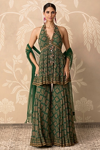 Green Chiffon Printed Gharara Set by Ridhi Mehra