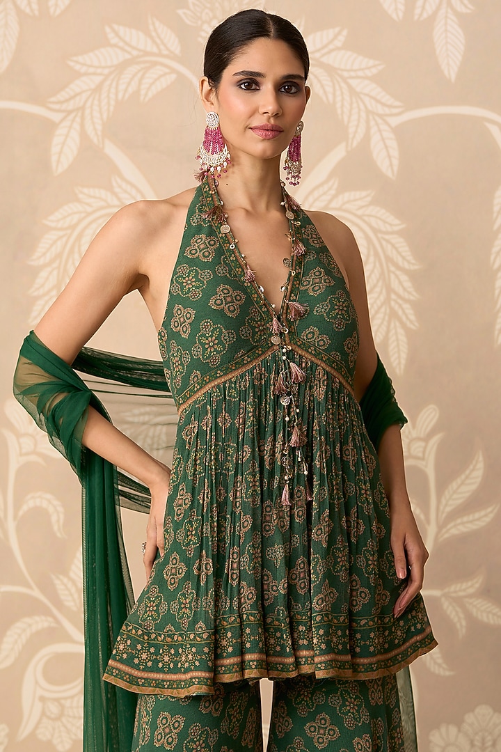 Green Chiffon Printed Gharara Set by Ridhi Mehra at Pernia's Pop Up Shop