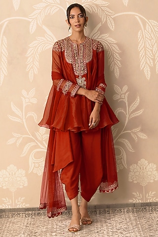 Rust Orange Organza Embroidered Flared Kurta Set by Ridhi Mehra