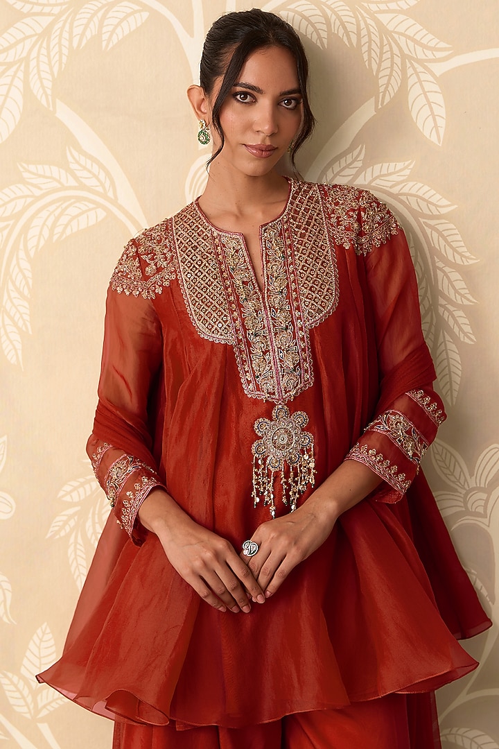 Rust Orange Organza Embroidered Flared Kurta Set by Ridhi Mehra at Pernia's Pop Up Shop