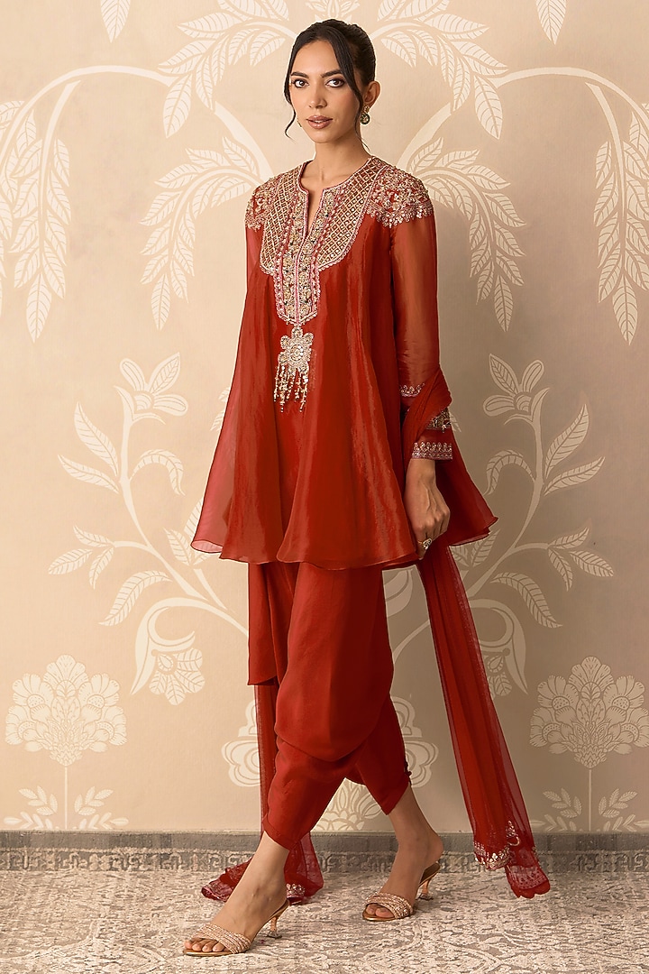 Rust Orange Organza Embroidered Flared Kurta Set by Ridhi Mehra at Pernia's Pop Up Shop