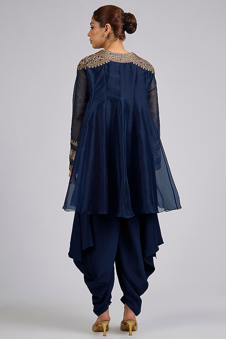 Navy Organza Embroidered Flared Kurta Set by Ridhi Mehra at Pernia's Pop Up Shop