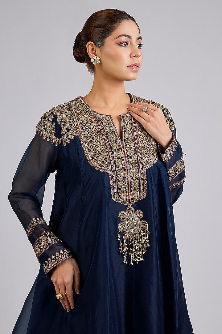 Navy Organza Embroidered Flared Kurta Set by Ridhi Mehra at Pernia's Pop Up Shop