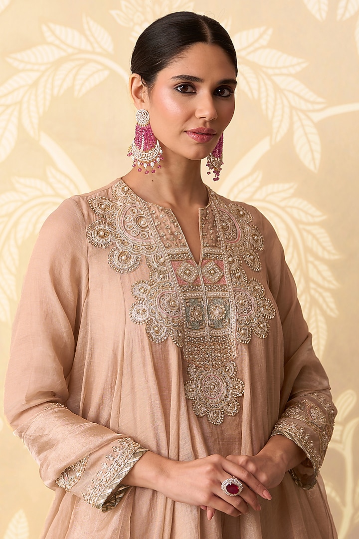 Light Gold Chanderi Tissue Embroidered Flared Kurta Set by Ridhi Mehra at Pernia's Pop Up Shop