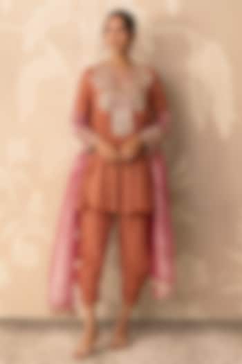 Orange Chanderi Tissue Embroidered Flared Kurta Set by Ridhi Mehra at Pernia's Pop Up Shop