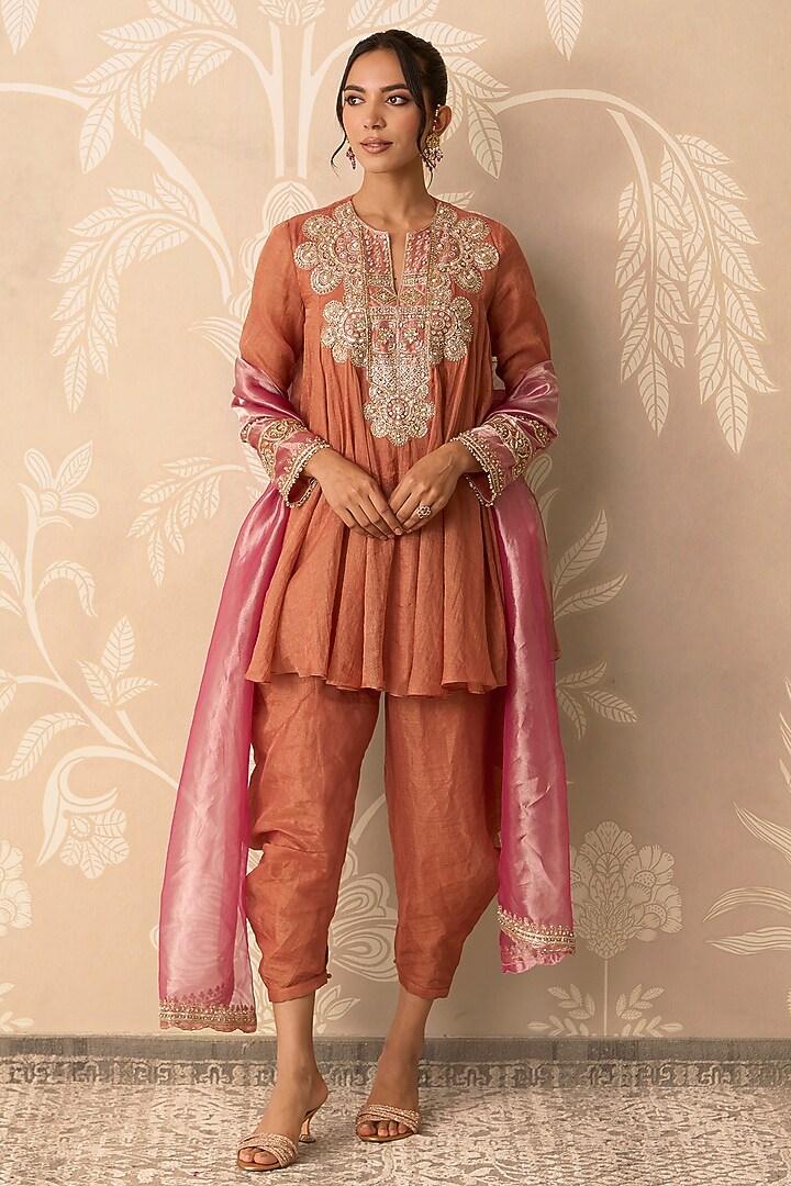 Orange Chanderi Tissue Embroidered Flared Kurta Set by Ridhi Mehra at Pernia's Pop Up Shop