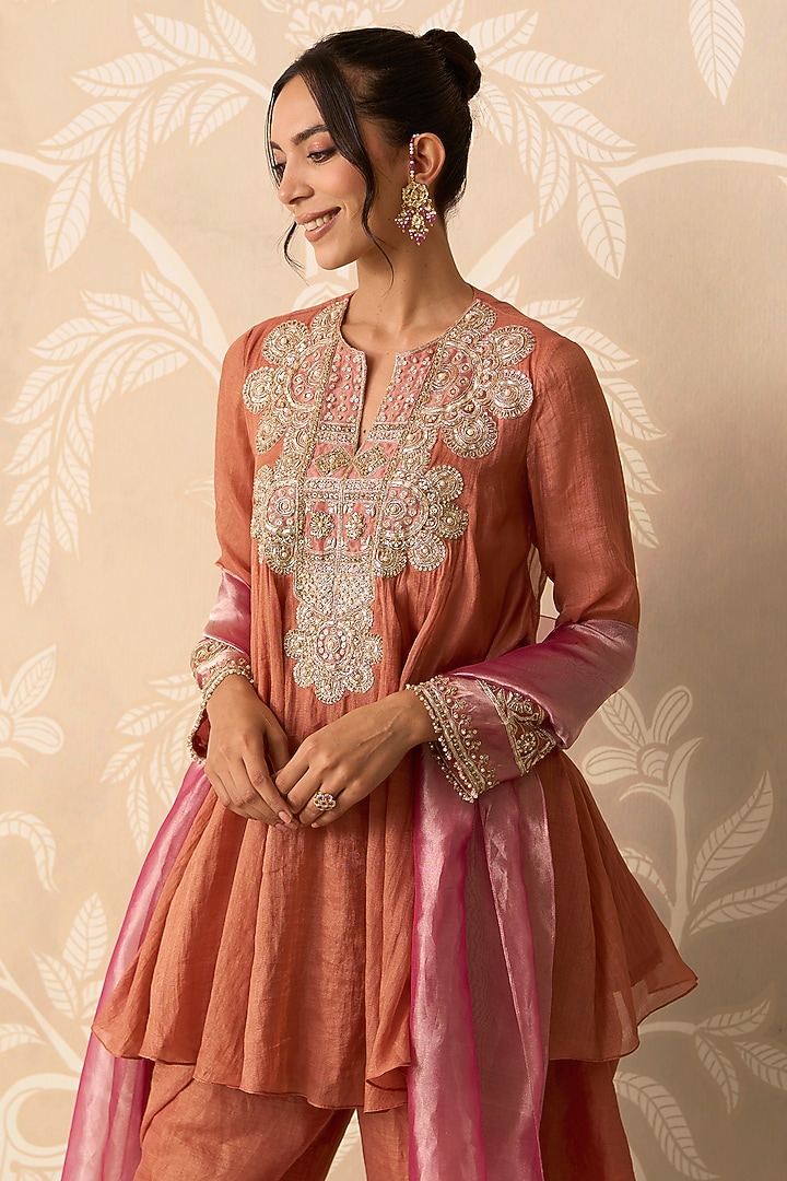 Orange Chanderi Tissue Embroidered Flared Kurta Set by Ridhi Mehra at Pernia's Pop Up Shop