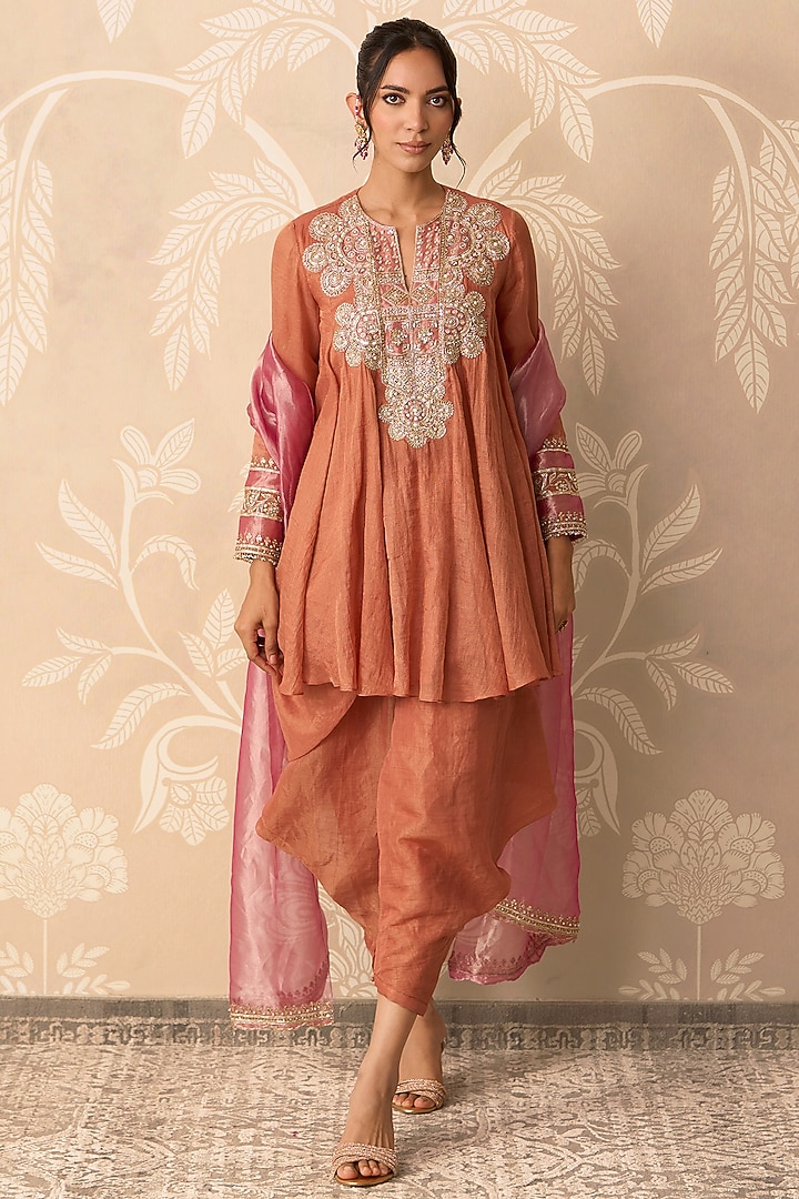 Orange Chanderi Tissue Embroidered Flared Kurta Set by Ridhi Mehra at Pernia's Pop Up Shop
