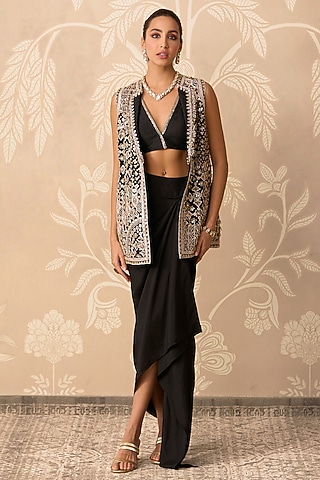 Black Organza Embroidered Jacket Set by Ridhi Mehra