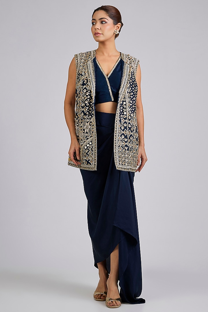 Navy Organza Embroidered Flared Kurta Set by Ridhi Mehra at Pernia's Pop Up Shop