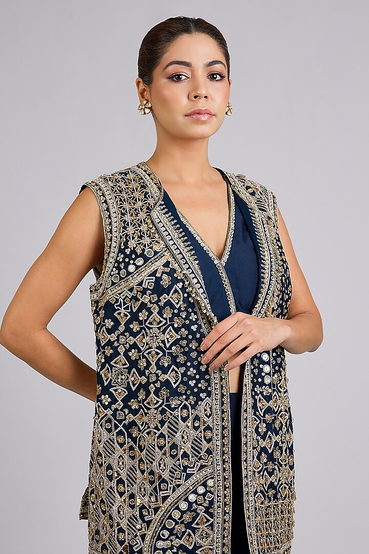 Navy Organza Embroidered Flared Kurta Set by Ridhi Mehra at Pernia's Pop Up Shop