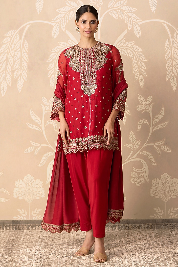 Rust Orange Organza Embroidered Kurta Set by Ridhi Mehra at Pernia's Pop Up Shop