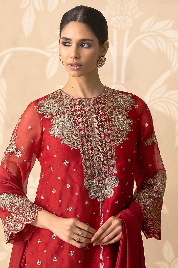 Rust Orange Organza Embroidered Kurta Set by Ridhi Mehra at Pernia's Pop Up Shop