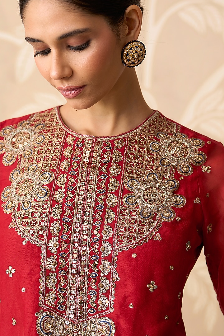 Rust Orange Organza Embroidered Kurta Set by Ridhi Mehra at Pernia's Pop Up Shop
