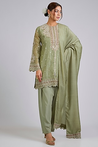 Mint Organza Embroidered Kurta Set by Ridhi Mehra