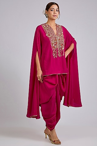 Fuchsia Silk Embroidered Cape Set by Ridhi Mehra