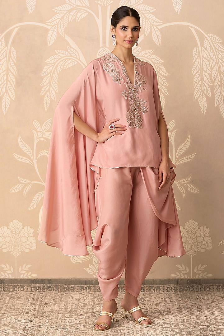 Dusky Pink Silk Embroidered Cape Set by Ridhi Mehra at Pernia's Pop Up Shop