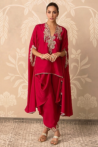 Red Silk Embroidered Cape Set by Ridhi Mehra