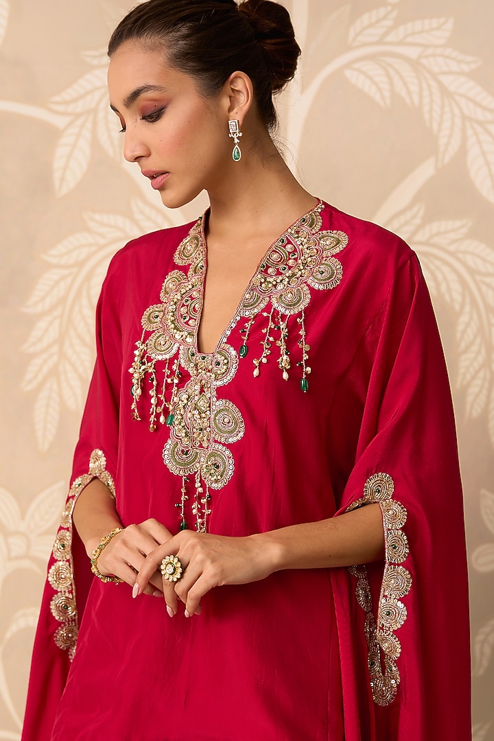 Red Silk Embroidered Cape Set by Ridhi Mehra at Pernia's Pop Up Shop