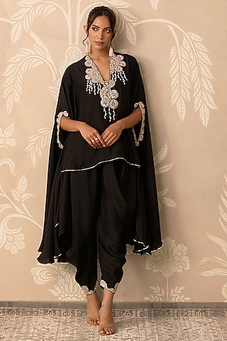 Black Silk Embroidered Cape Set by Ridhi Mehra