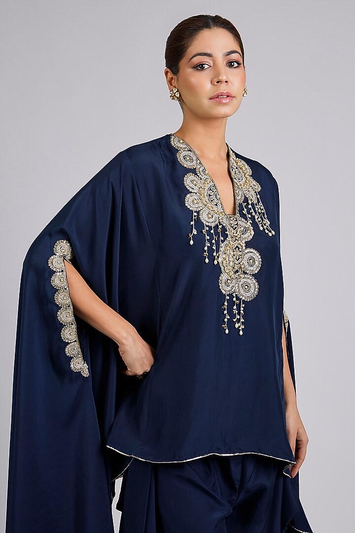 Navy Silk Embroidered Cape Set by Ridhi Mehra at Pernia's Pop Up Shop