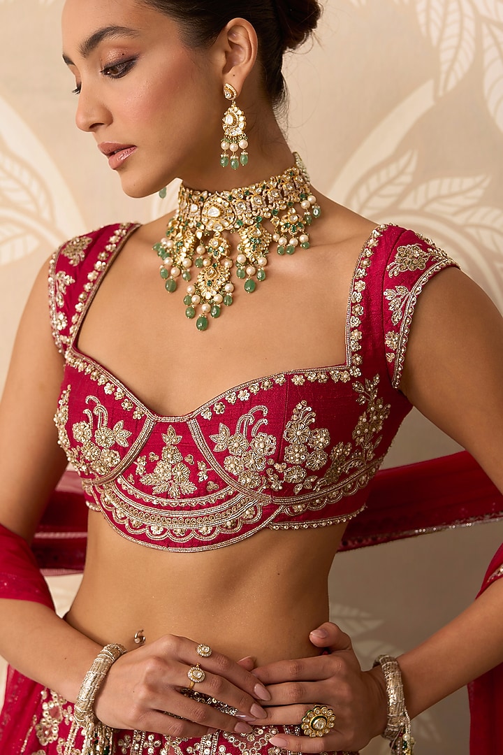 Red Raw Silk Embroidered Bridal Lehenga Set by Ridhi Mehra at Pernia's Pop Up Shop