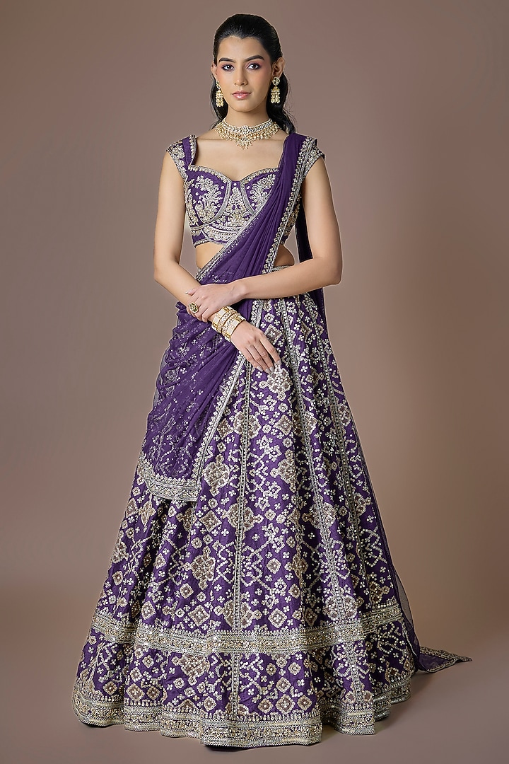 Purple Raw Silk Embroidered Bridal Lehenga Set by Ridhi Mehra at Pernia's Pop Up Shop
