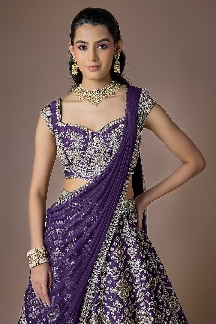 Purple Raw Silk Embroidered Bridal Lehenga Set by Ridhi Mehra at Pernia's Pop Up Shop