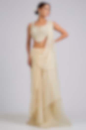 Ivory Chiffon Draped Reception Saree Set by Ridhi Mehra at Pernia's Pop Up Shop