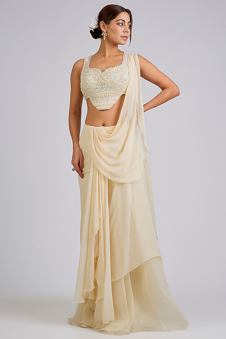 Ivory Chiffon Draped Reception Saree Set by Ridhi Mehra at Pernia's Pop Up Shop
