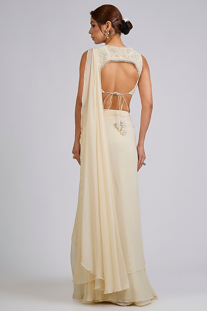 Ivory Chiffon Draped Reception Saree Set by Ridhi Mehra at Pernia's Pop Up Shop