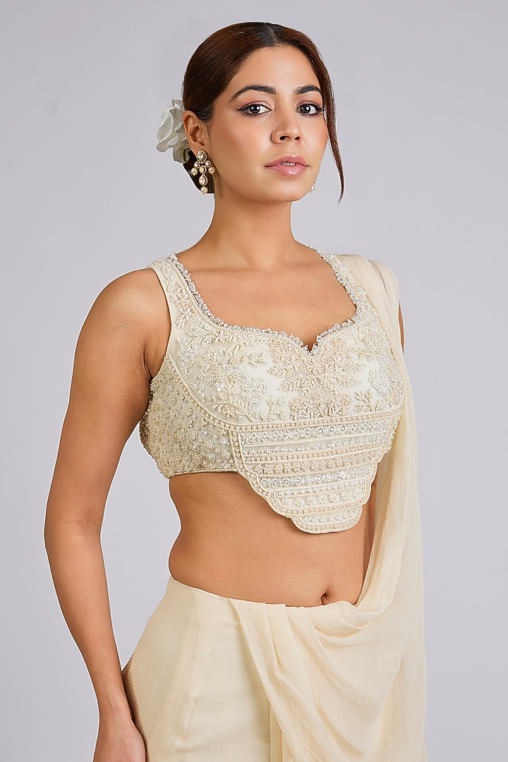 Ivory Chiffon Draped Reception Saree Set by Ridhi Mehra at Pernia's Pop Up Shop