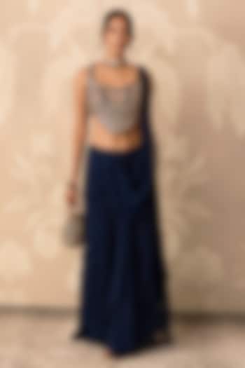 Navy Blue Chiffon Draped Reception Saree Set by Ridhi Mehra at Pernia's Pop Up Shop